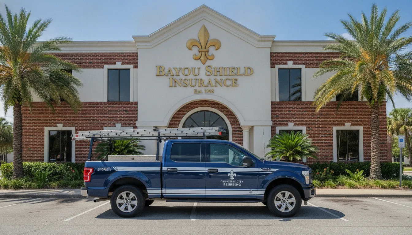 Small business work truck parked outside a Louisiana insurance office