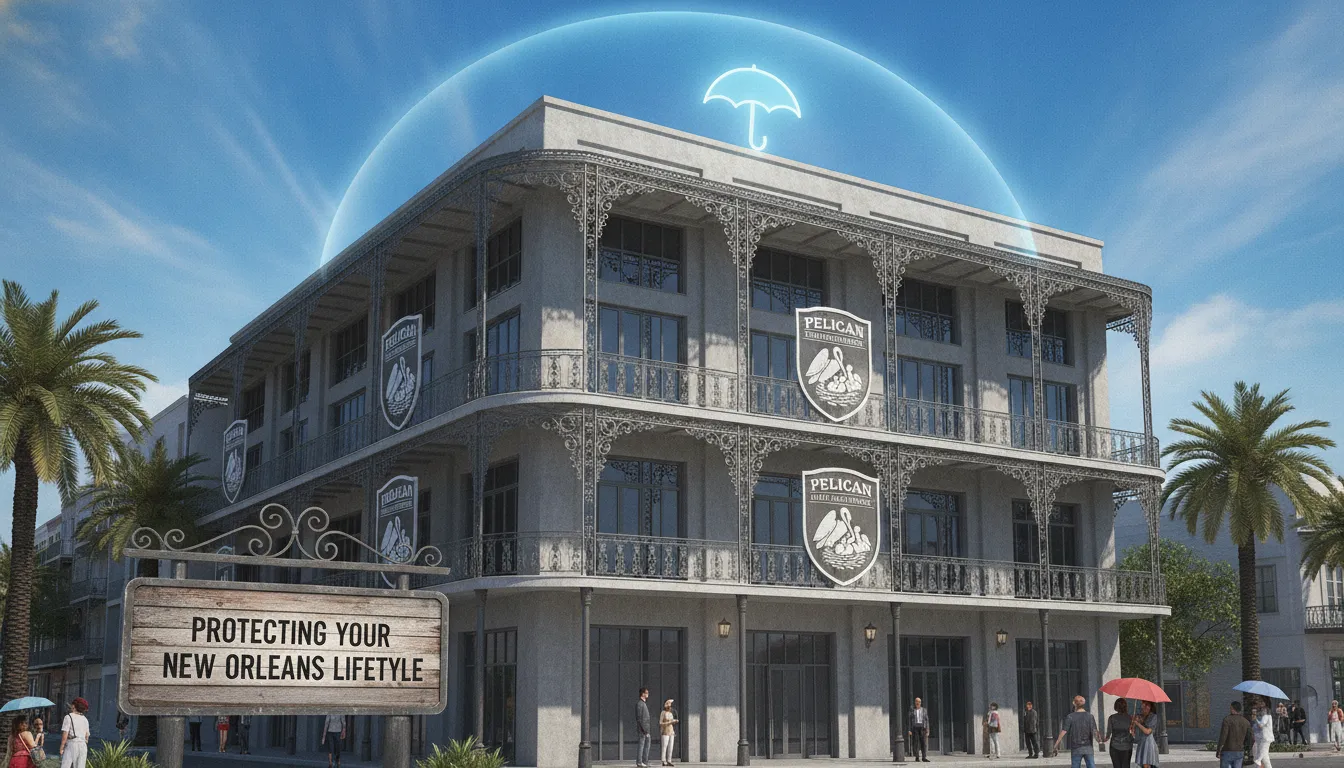 New Orleans French Quarter condominium building with wrought iron balconies under blue sky