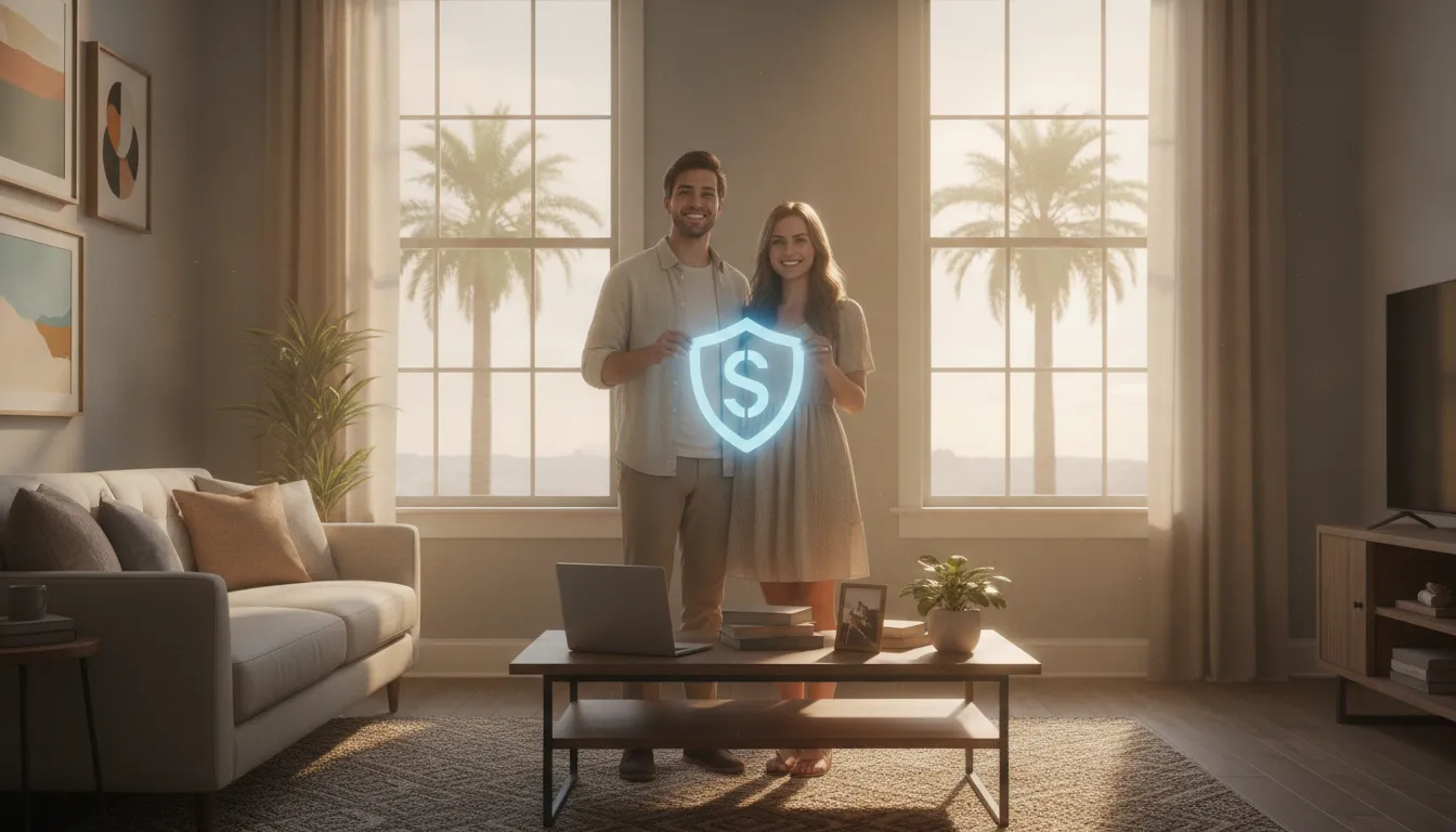 Young couple in a Louisiana apartment living room with their belongings protected by renters insurance