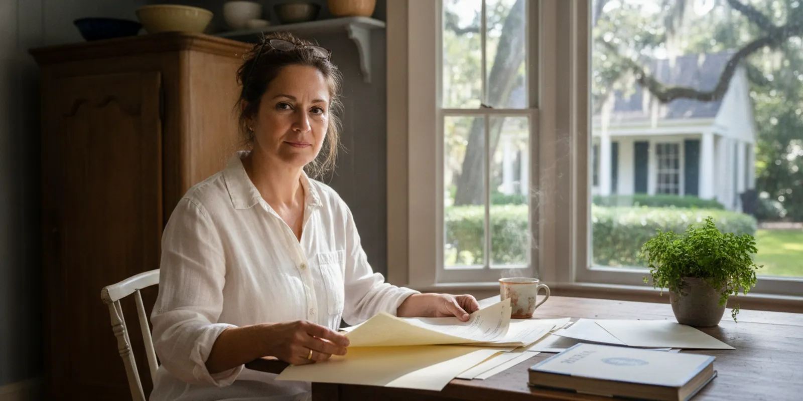 Louisiana homeowner reviewing a home insurance policy at a kitchen table